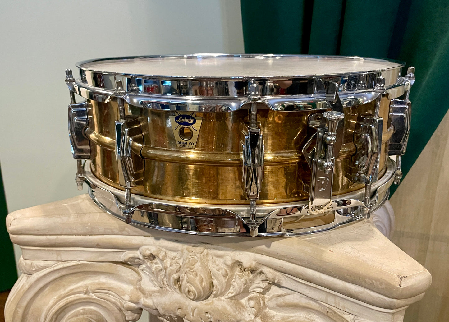 1958-60 Ludwig Trans Badge Super 401 5x14 Lacquered Brass Supraphonic Snare Drum