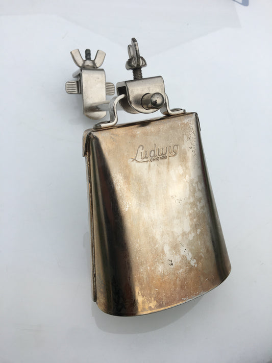 Vintage 1960s Ludwig Script Logo 5" Golden Tone Cow Bell And Holder Gold Tone Cowbell