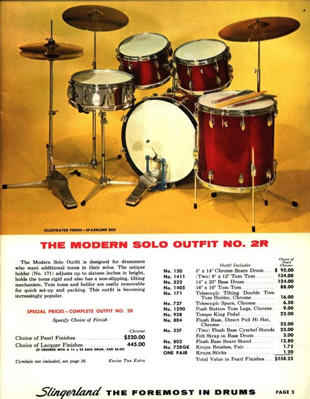 1963 Slingerland Modern Solo Outfit 2R Drum Set Red Glass Glitter Sparkle