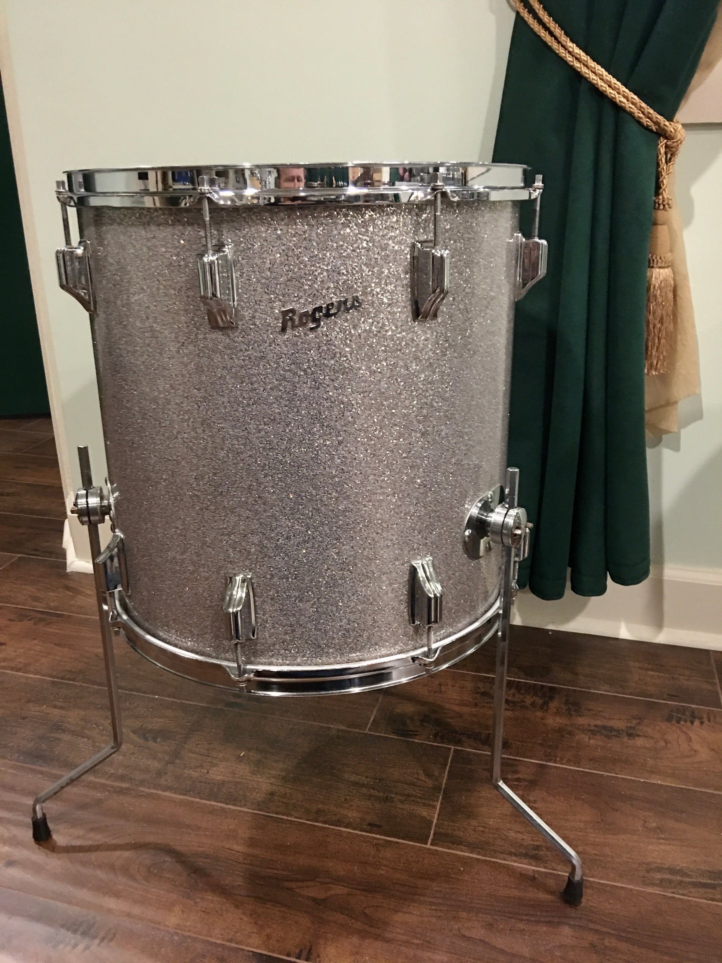 1960s Rogers Cleveland Holiday 16x16 Floor Tom Silver Glass Glitter Sparkle