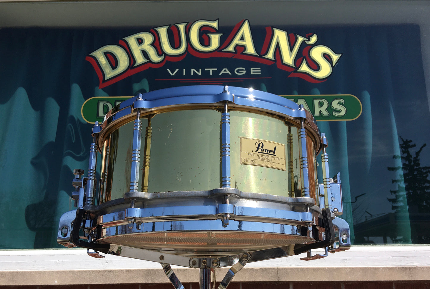 1980s Pearl 1st Generation 6.5x14 Free Floating Brass Shell Snare Drum