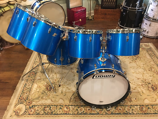 1970s Ludwig Silver Badge Quadra Plus 3 Ply Drum Set Blue Silk 22/13/14/15/16/18