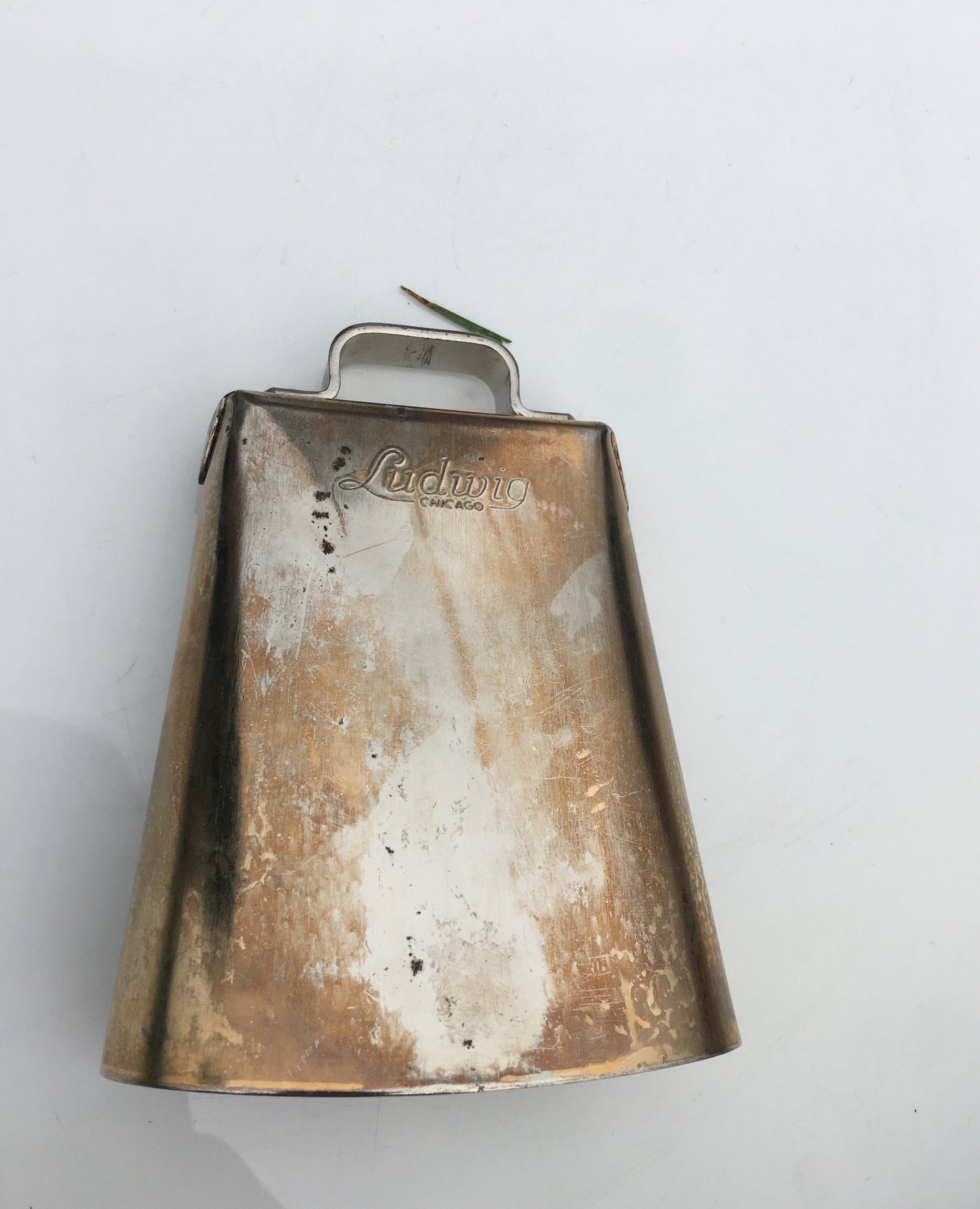 Vintage 1960s Ludwig Script Logo 5" Golden Tone Cow Bell And Holder Gold Tone Cowbell