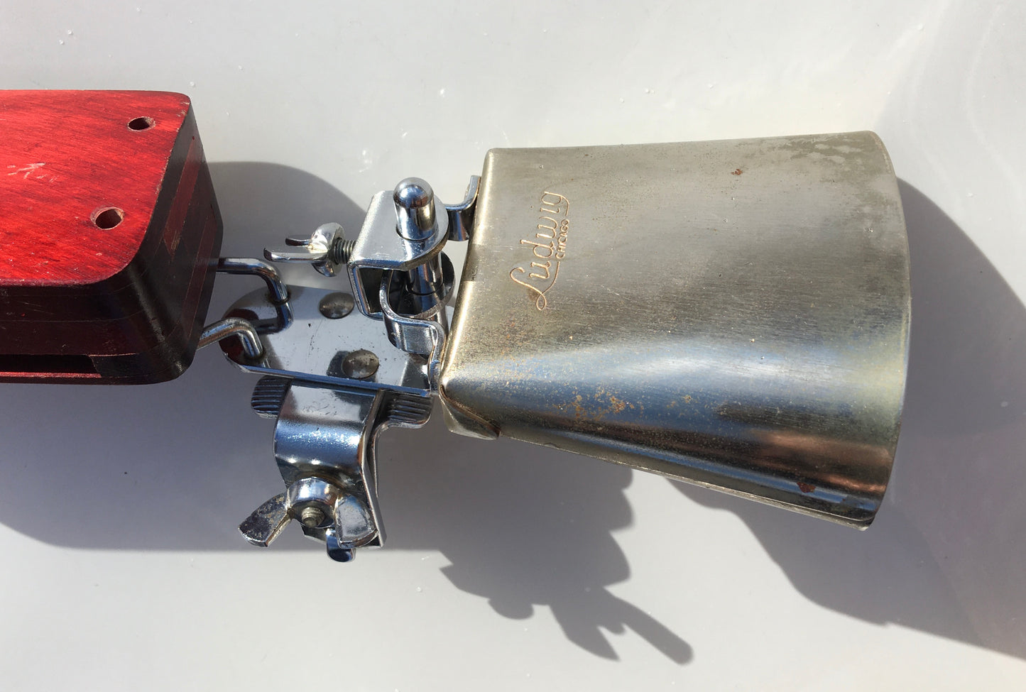 1960s Ludwig Cow Bell and Wood Block w/ Original Bass Drum Mount