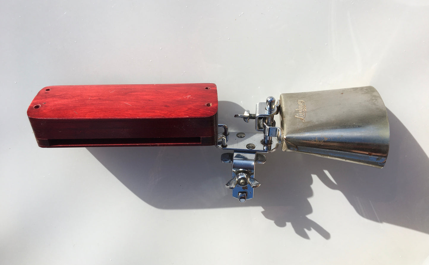 1960s Ludwig Cow Bell and Wood Block w/ Original Bass Drum Mount