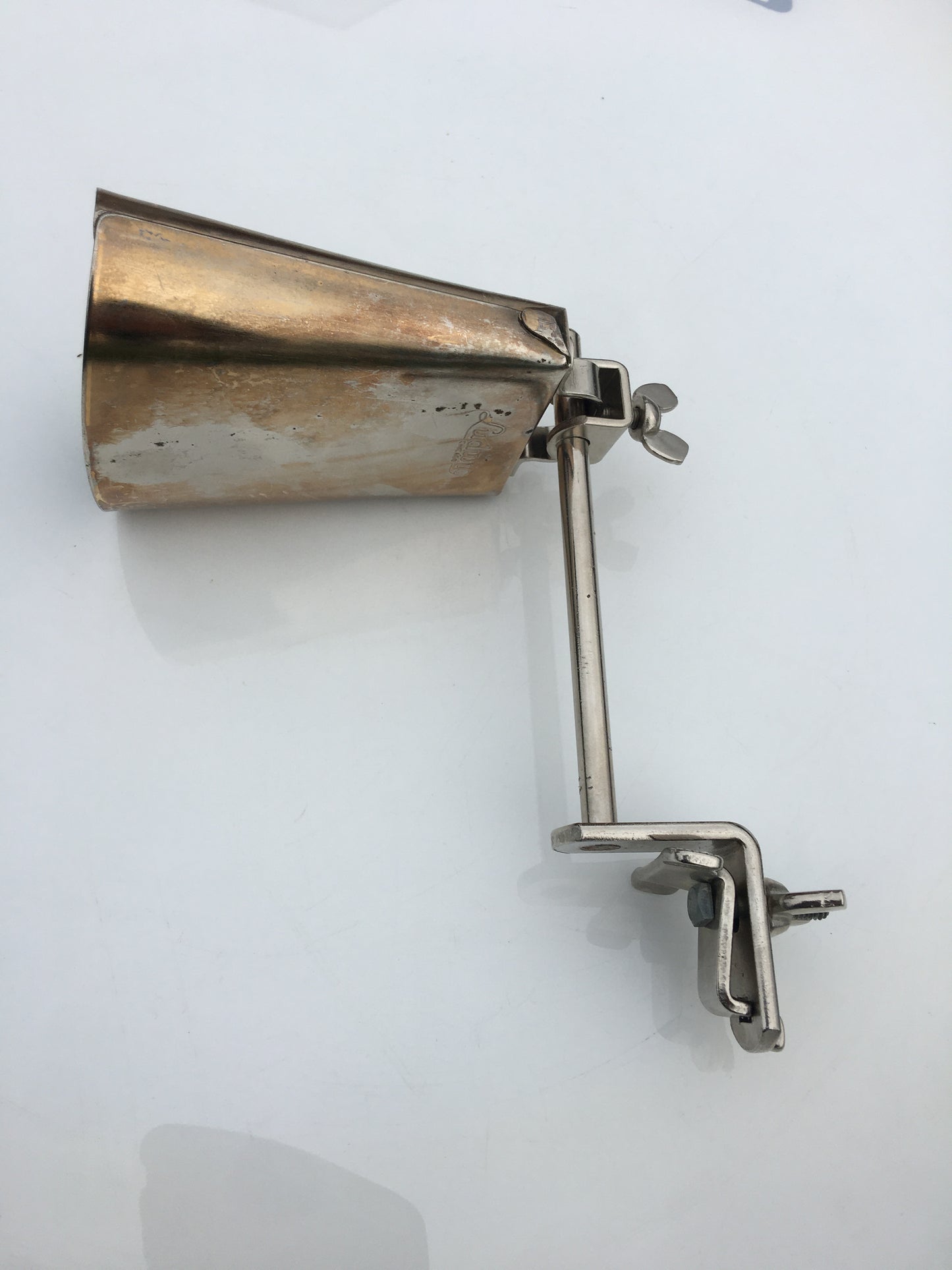 Vintage 1960s Ludwig Script Logo 5" Golden Tone Cow Bell And Holder Gold Tone Cowbell