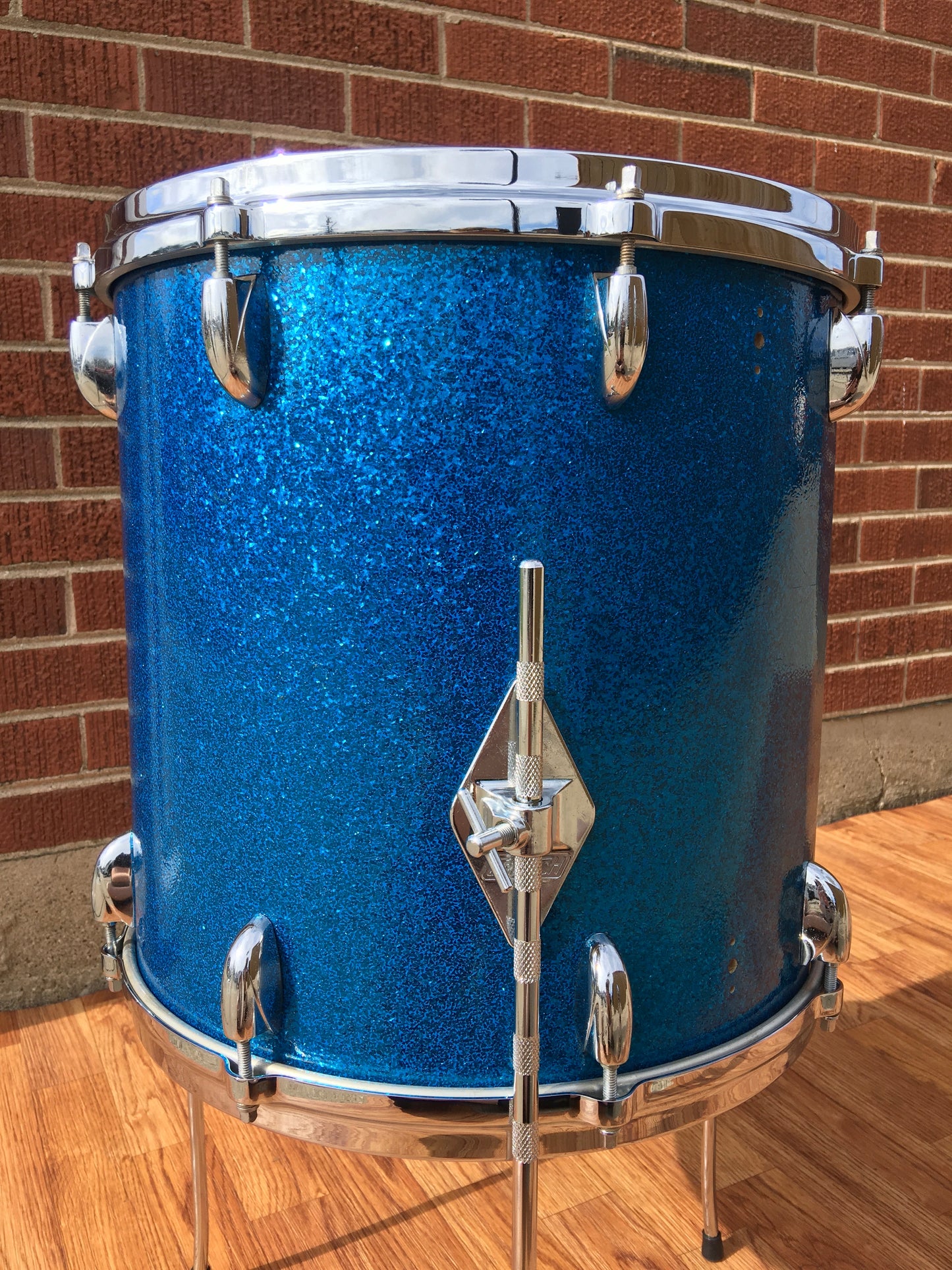 1960s Gretsch 14x14 Progressive Jazz Round Badge 6 Ply Floor Tom Drum Blue Sparkle