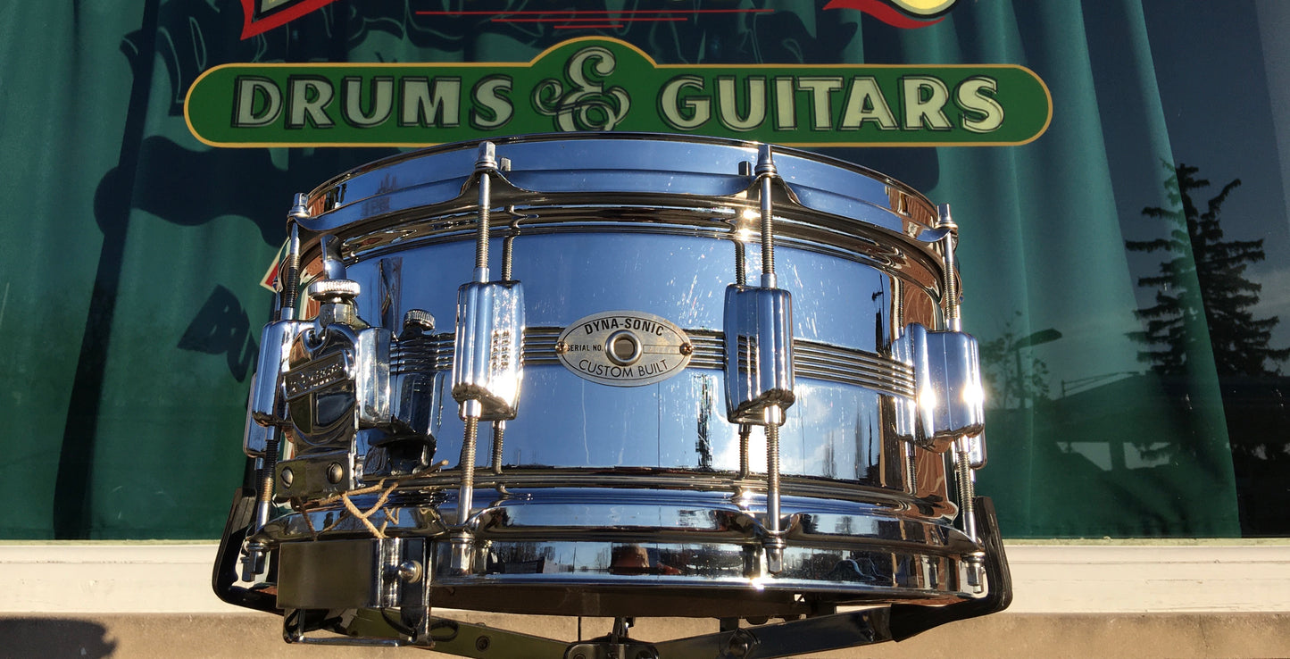 1974 Rogers 6.5x14 Chrome Over Brass Dynasonic Snare Drum