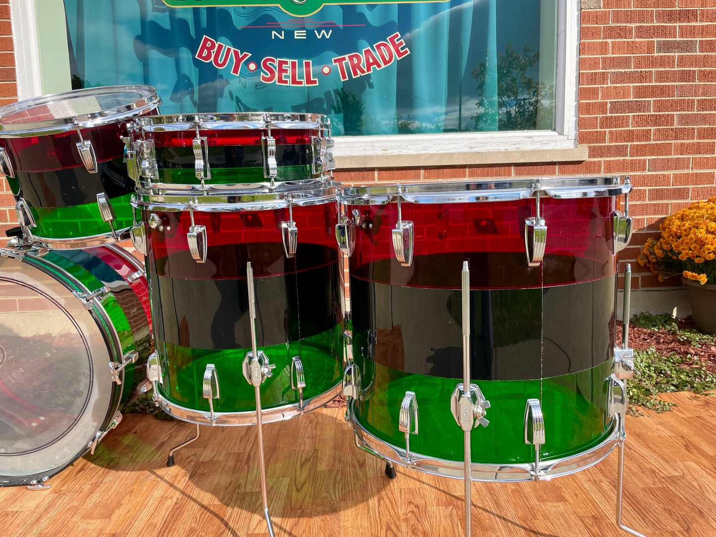 1970s Ludwig 6pc Vistalite Drum Set Red/Black/Green 22/13/14/16/18/5x14