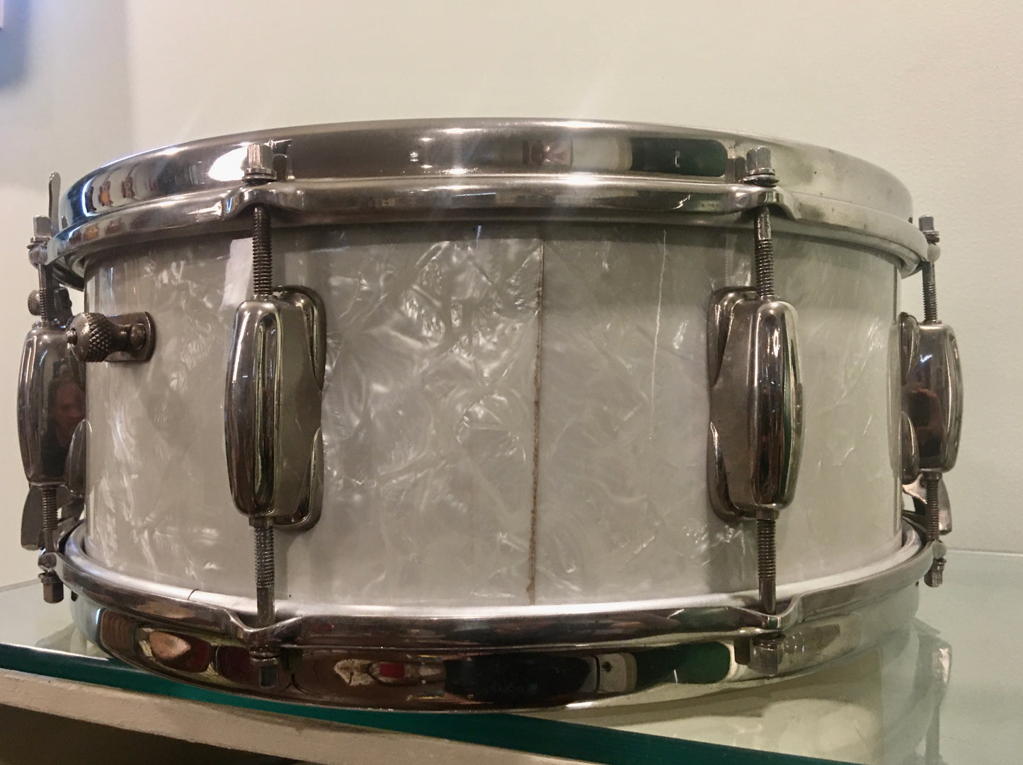 1950s Slingerland Radio King 5.5x14 White Marine Pearl Snare Drum Solid Shell