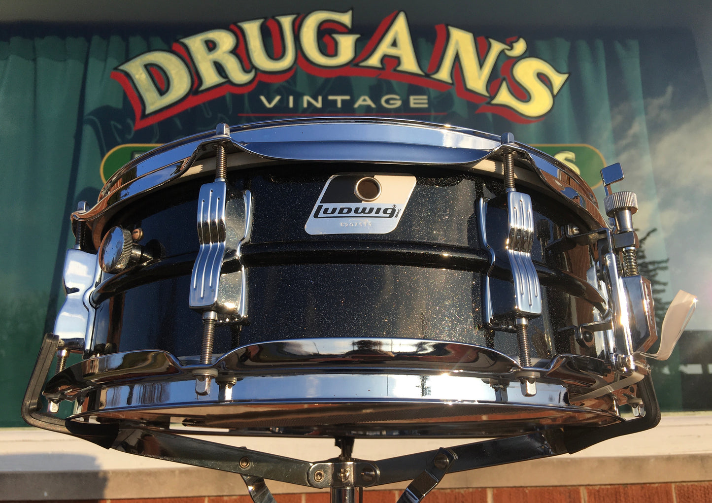 1980s Ludwig Black Galaxy 5x14 Blackrolite Acrolite Snare Drum