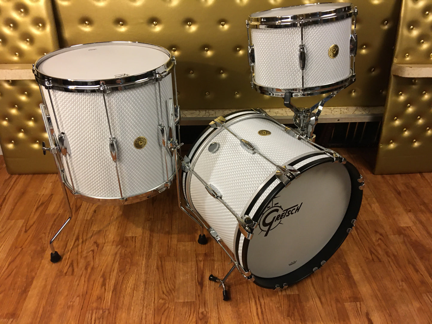 Gretsch USA Custom Playboy 3-D Morie / Satin Flame Micro Bop Round Badge Drum Set 16/12/14