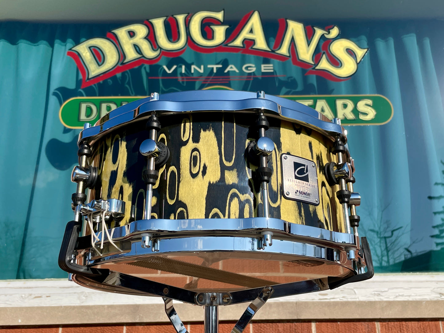Sonor Designer Series 6.5x14 Snare Drum Yellow & Black Tribal Finish Hella Hoops 9-Ply Shell