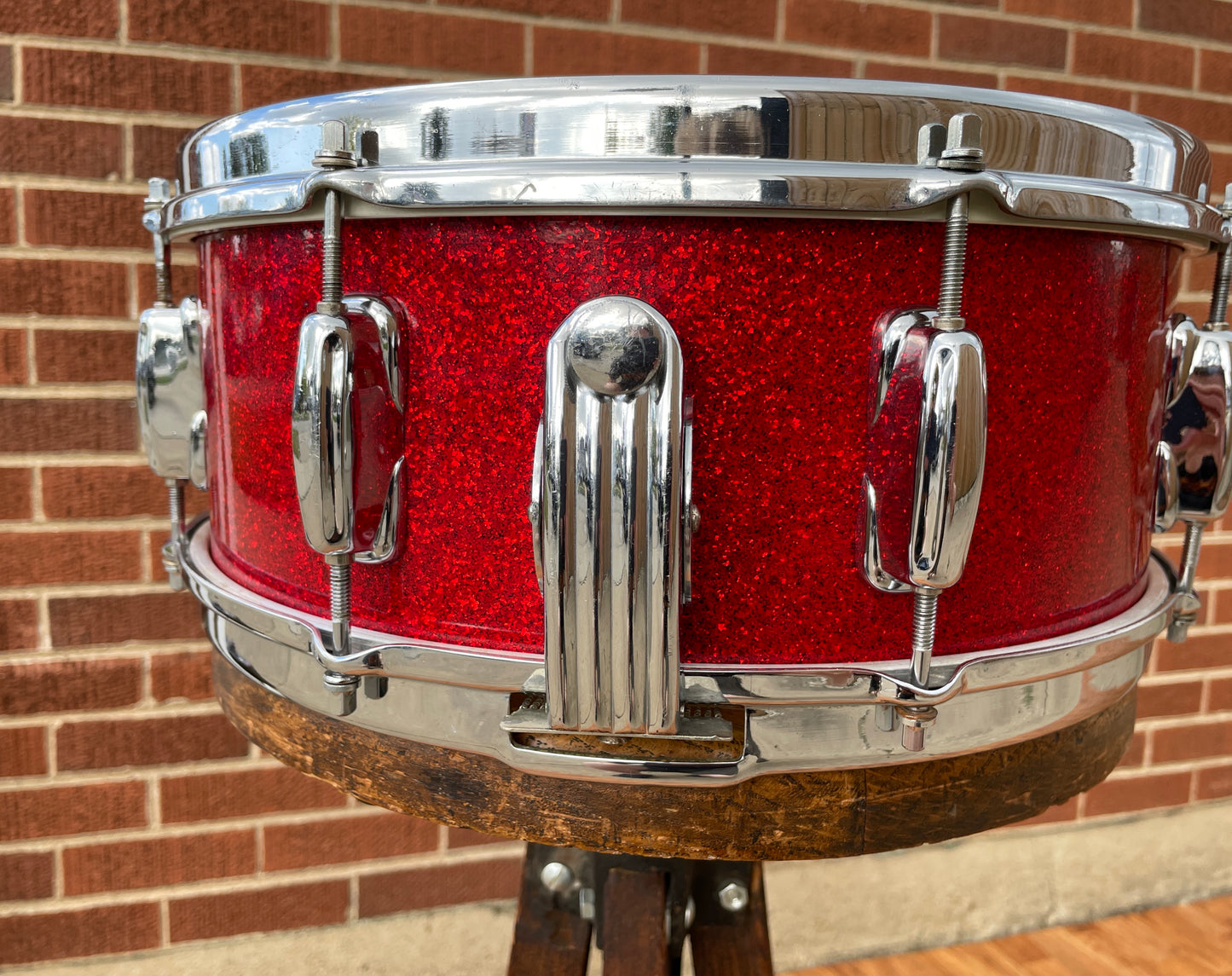 1953-56 Slingerland 5.5x14 Super Gene Krupa Radio King Snare Drum Red Sparkle Glass Glitter w/ Dog Tag Badge