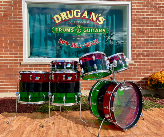1970s Ludwig 6pc Vistalite Drum Set Red/Black/Green 22/13/14/16/18/5x14