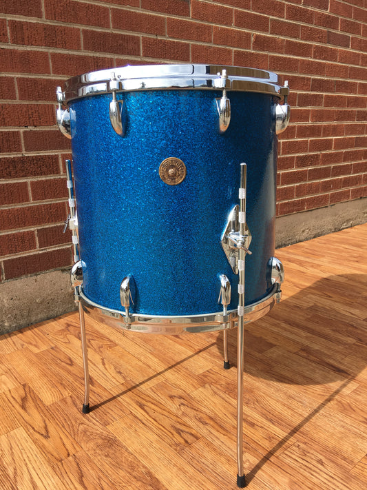 1960s Gretsch 14x14 Progressive Jazz Round Badge 6 Ply Floor Tom Drum Blue Sparkle