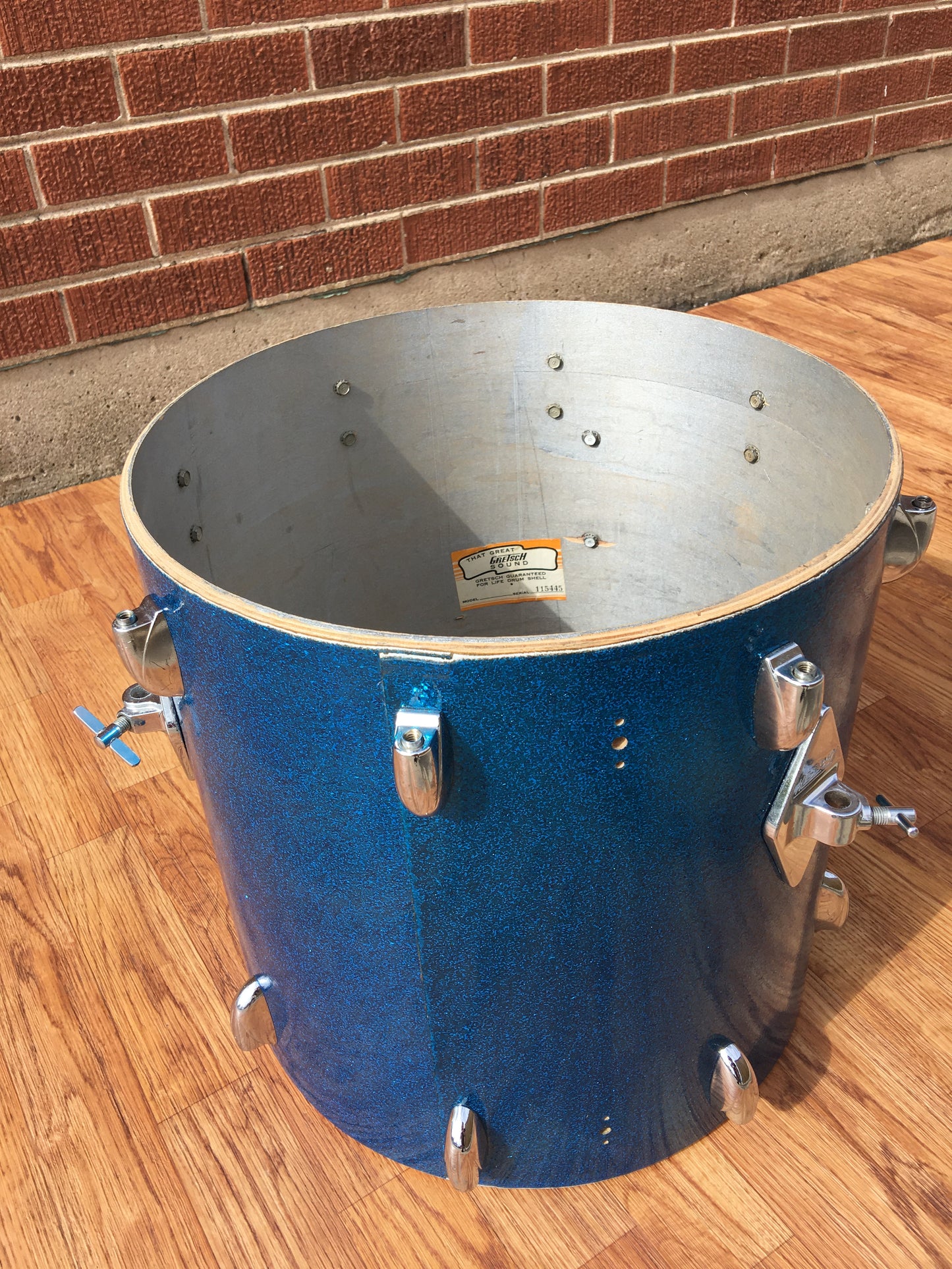1960s Gretsch 14x14 Progressive Jazz Round Badge 6 Ply Floor Tom Drum Blue Sparkle