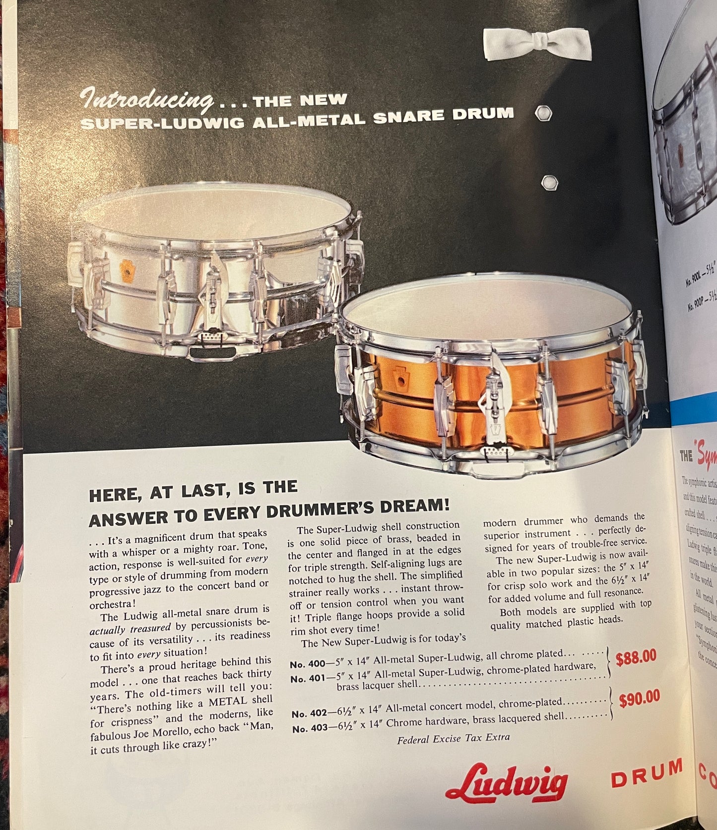 1958-60 Ludwig Trans Badge Super 401 5x14 Lacquered Brass Supraphonic Snare Drum