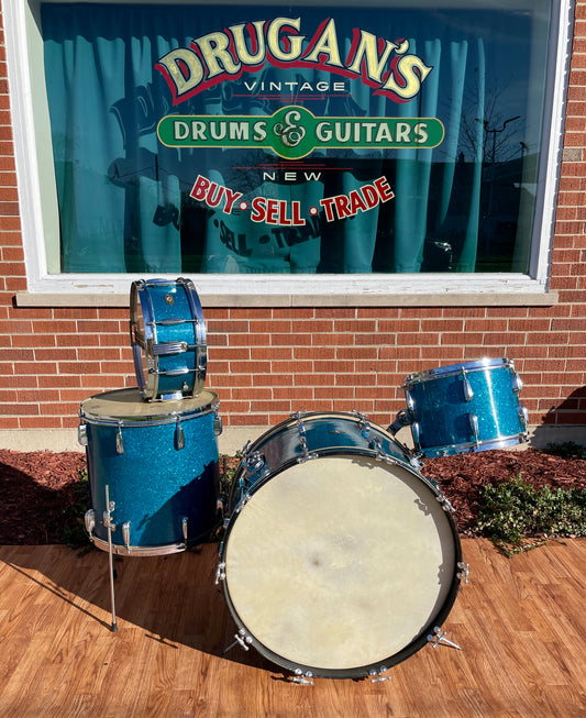 1950s Slingerland Radio King Drum Set Aqua Blue Sparkle Glass Glitter 24/13/16/5.5x14 Dog Tag Badges *Video Demo*