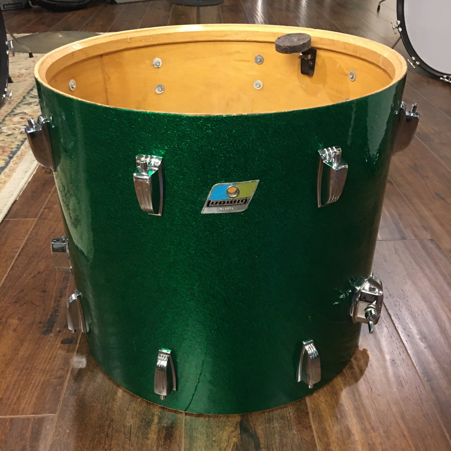 Early 1970s Ludwig 16x18 Floor Tom Drum Green Sparkle Rewrap
