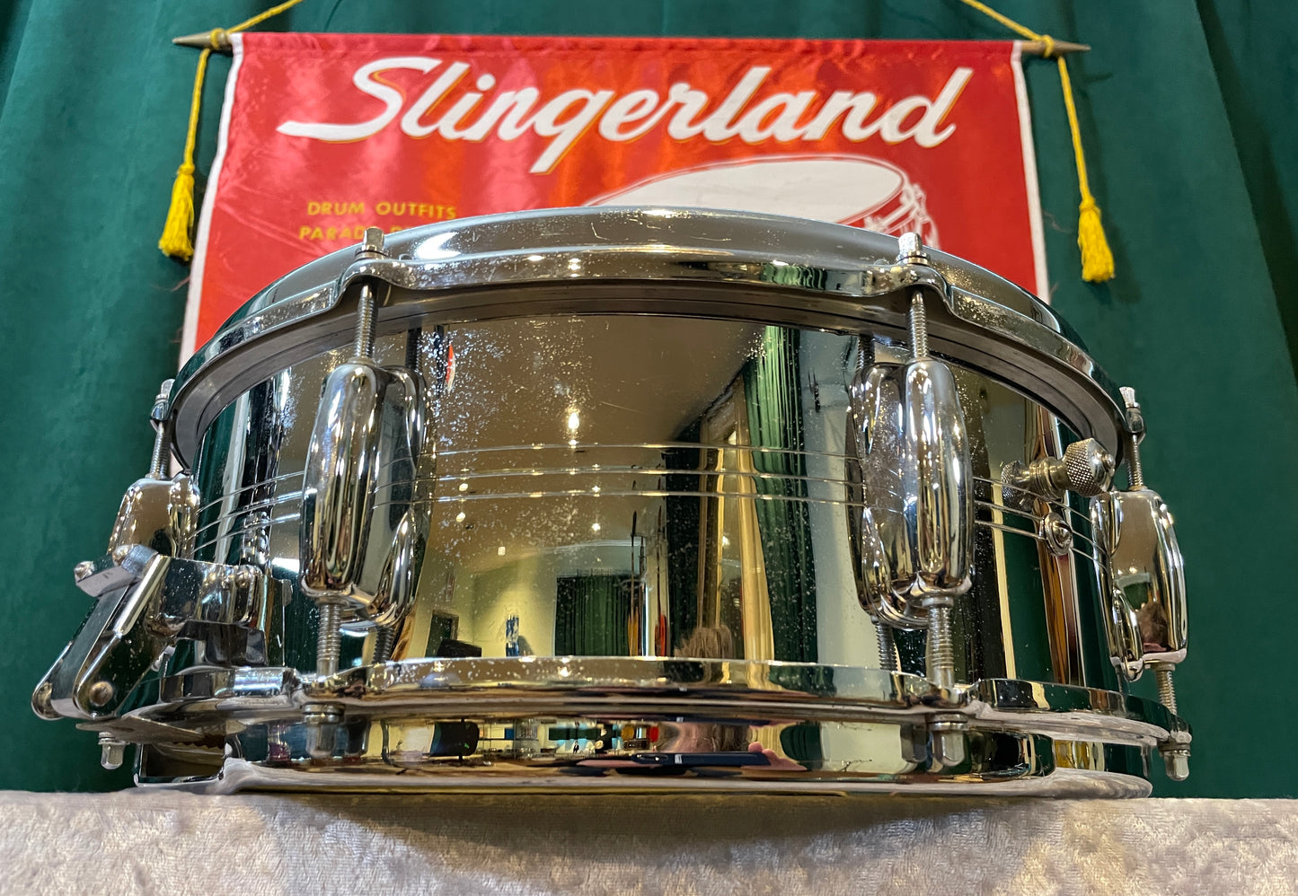 1960s Slingerland No. 130 Gene Krupa 5X14 Sound King Chrome Over Brass Snare Drum w/ Zoomatic Strainer