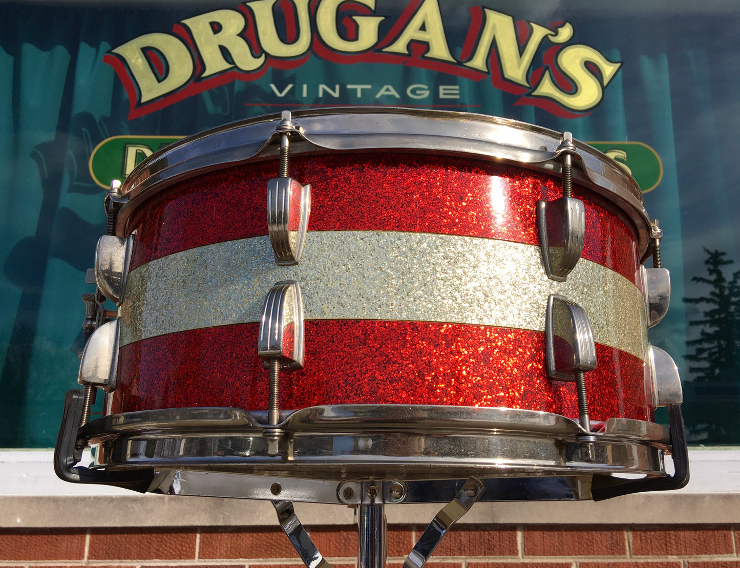 1961 Ludwig Pre-Serial # 6.5x15 School Festival Snare Drum Red Sparkle w/ Silver Sparkle Banding