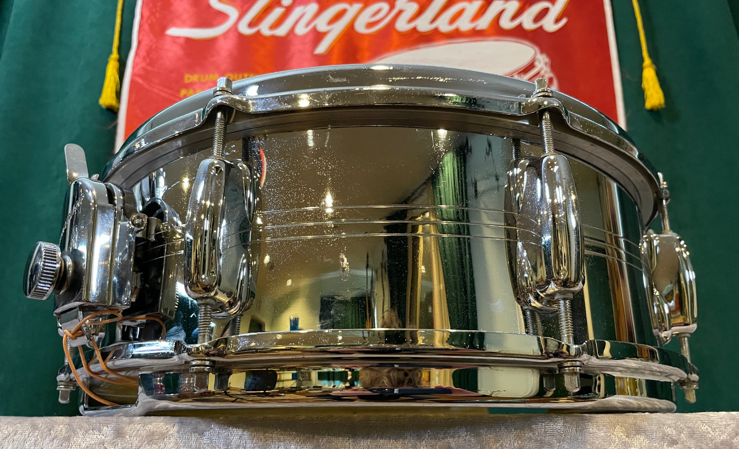 1960s Slingerland No. 130 Gene Krupa 5X14 Sound King Chrome Over Brass Snare Drum w/ Zoomatic Strainer