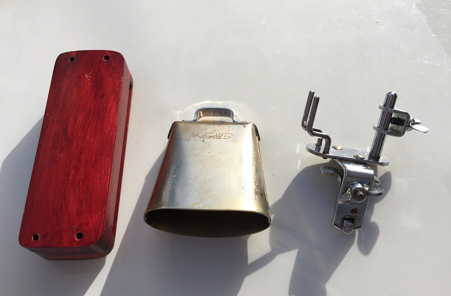 1960s Ludwig Cow Bell and Wood Block w/ Original Bass Drum Mount