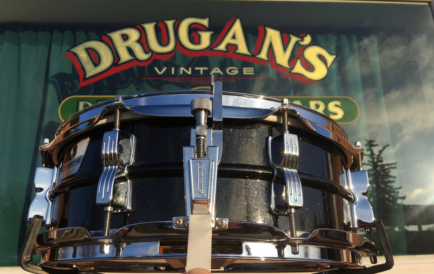1980s Ludwig Black Galaxy 5x14 Blackrolite Acrolite Snare Drum