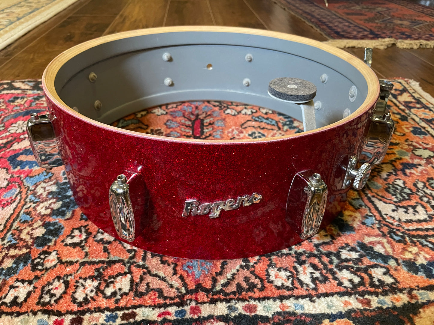 1960s Rogers 5x14 Holiday Snare Drum Sparkling Red Pearl Cleveland Red Sparkle