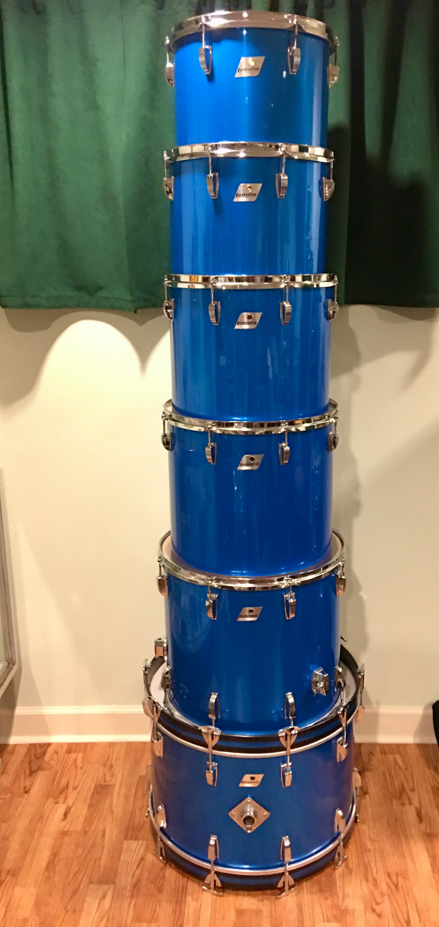 1970s Ludwig Silver Badge Quadra Plus 3 Ply Drum Set Blue Silk 22/13/14/15/16/18