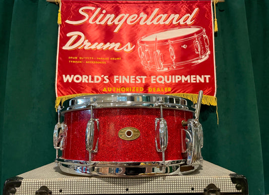1953-56 Slingerland 5.5x14 Super Gene Krupa Radio King Snare Drum Red Sparkle Glass Glitter w/ Dog Tag Badge