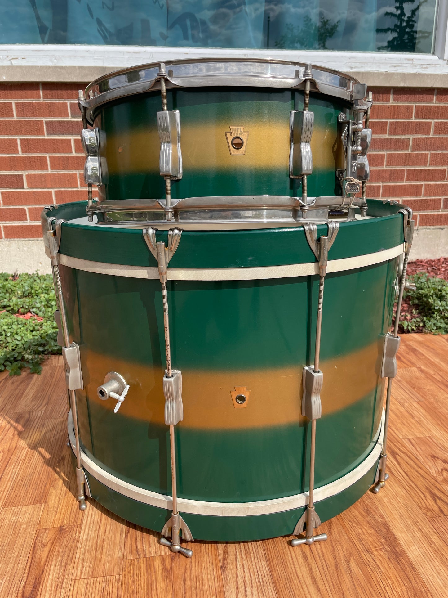 1957 WFL Ludwig Drum Set Green & Gold Duco 5.5x14 Jazz Fest Snare 14x22 Bass Drum