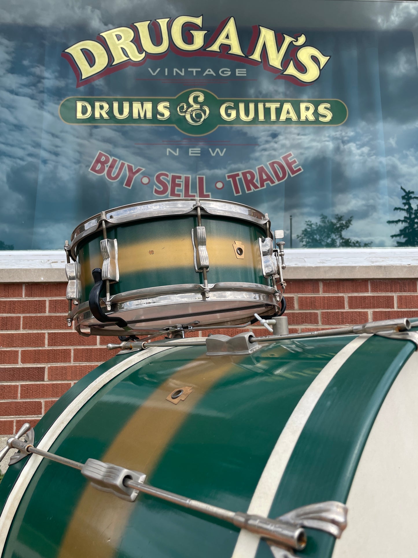 1957 WFL Ludwig Drum Set Green & Gold Duco 5.5x14 Jazz Fest Snare 14x22 Bass Drum