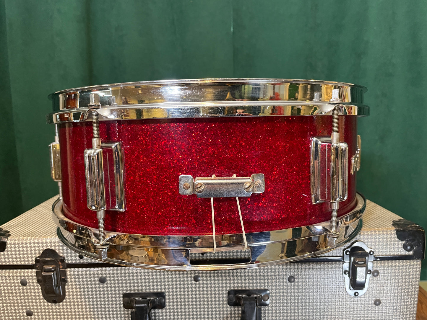 1960s Rogers Luxor 5x14 Snare Drum Red Glass Glitter Cleveland Era