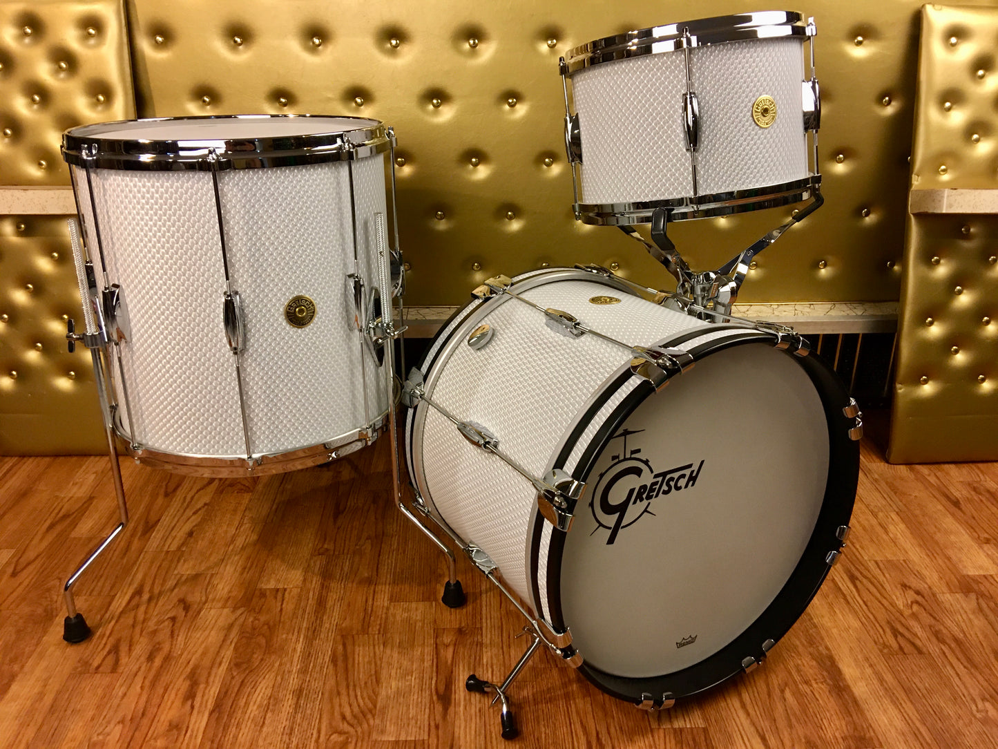 Gretsch USA Custom Playboy 3-D Morie / Satin Flame Micro Bop Round Badge Drum Set 16/12/14