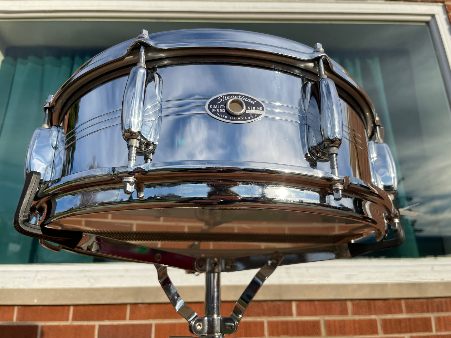 1970s Slingerland No. 130 Gene Krupa 5x14 Sound King Chrome Over Brass Snare Drum w/ Zoomatic Strainer