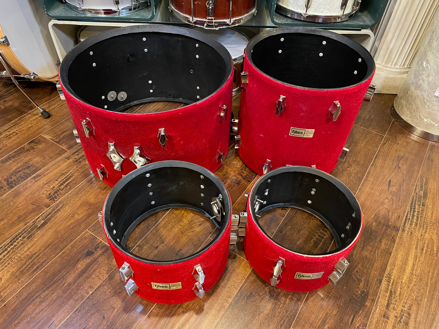 1970s Fibes Fiberglass Drum Set FiVel Red Plush 22/12/13/16