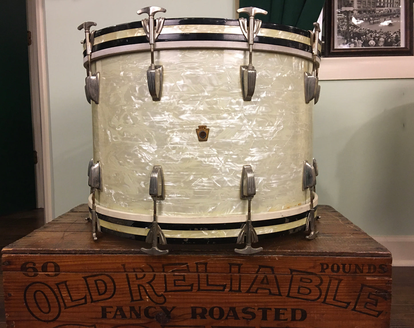 1948-52 WFL Ludwig 14x22 Virgin Bass Drum White Marine Pearl