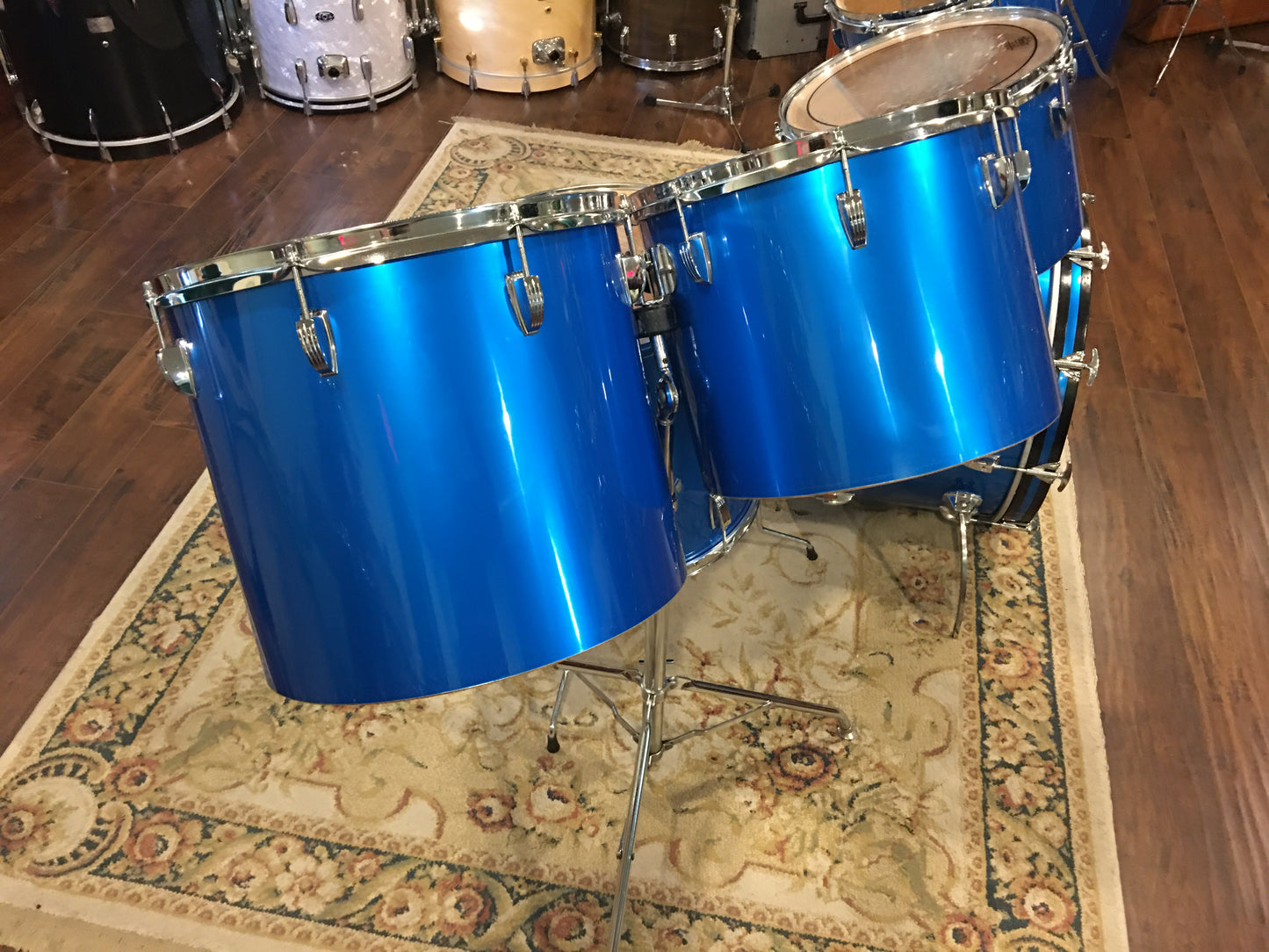 1970s Ludwig Silver Badge Quadra Plus 3 Ply Drum Set Blue Silk 22/13/14/15/16/18