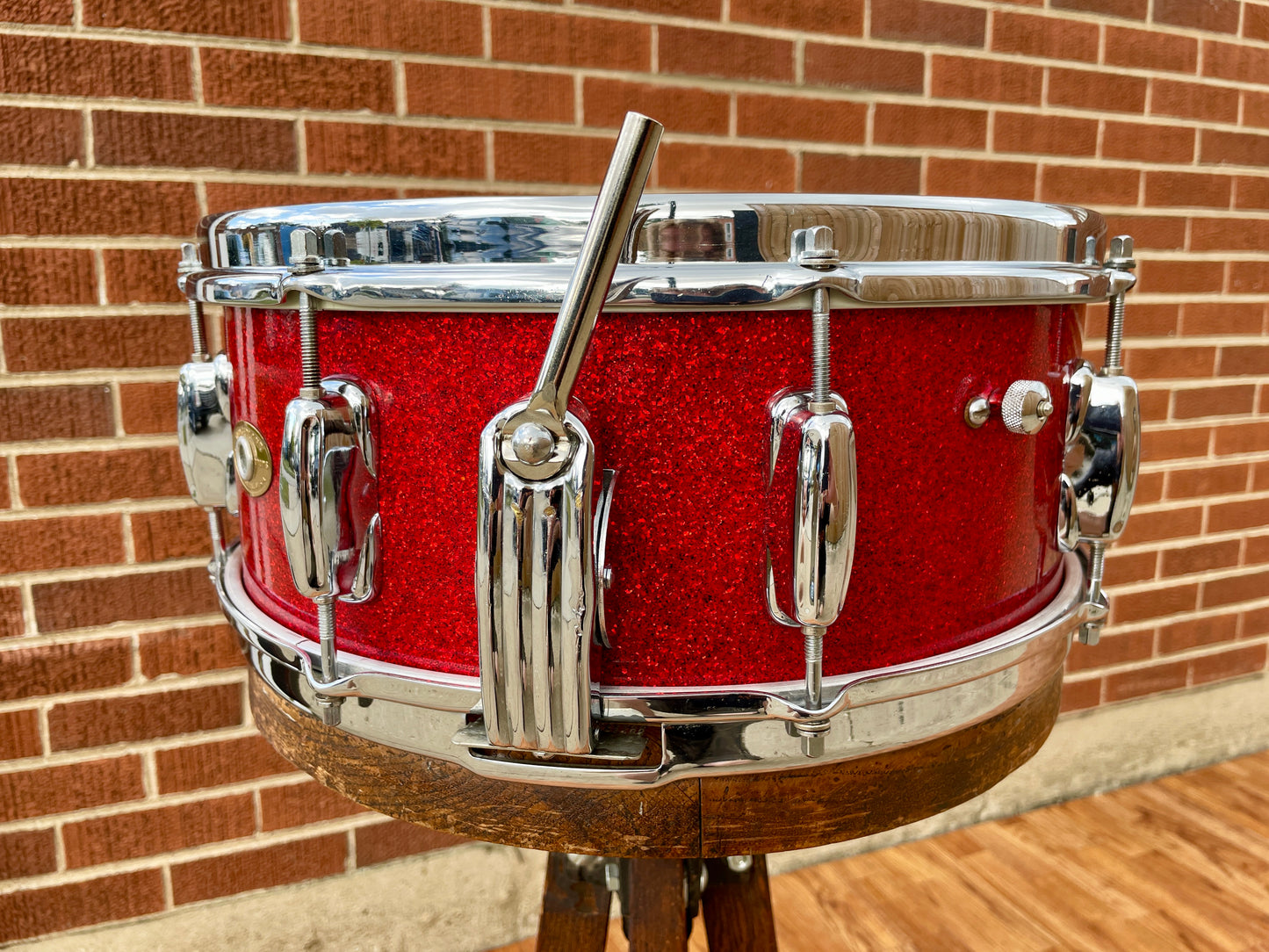 1953-56 Slingerland 5.5x14 Super Gene Krupa Radio King Snare Drum Red Sparkle Glass Glitter w/ Dog Tag Badge