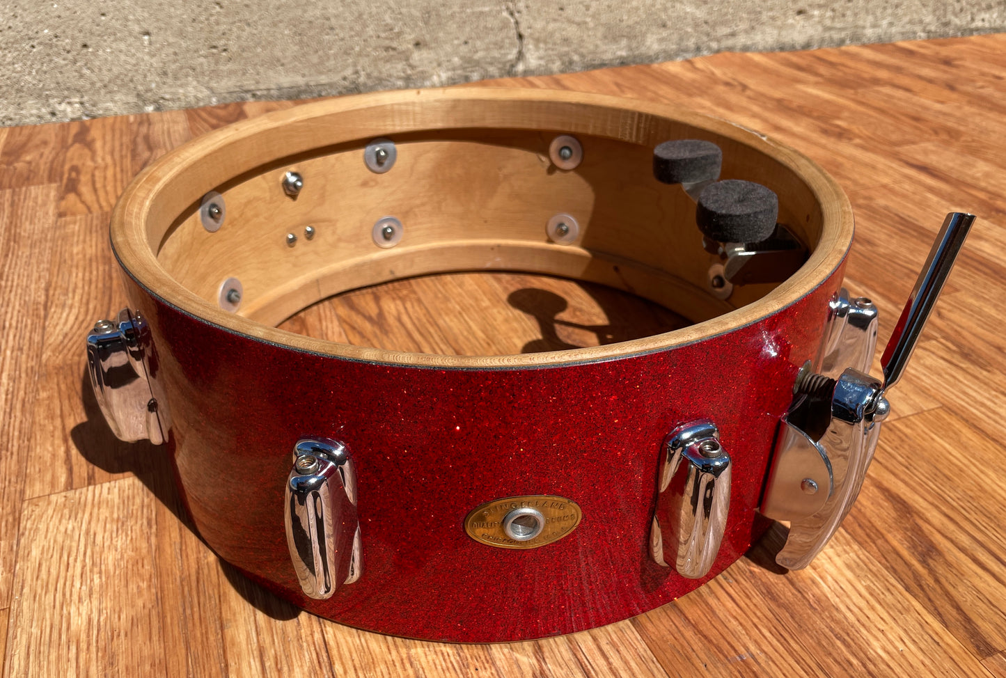 1953-56 Slingerland 5.5x14 Super Gene Krupa Radio King Snare Drum Red Sparkle Glass Glitter w/ Dog Tag Badge