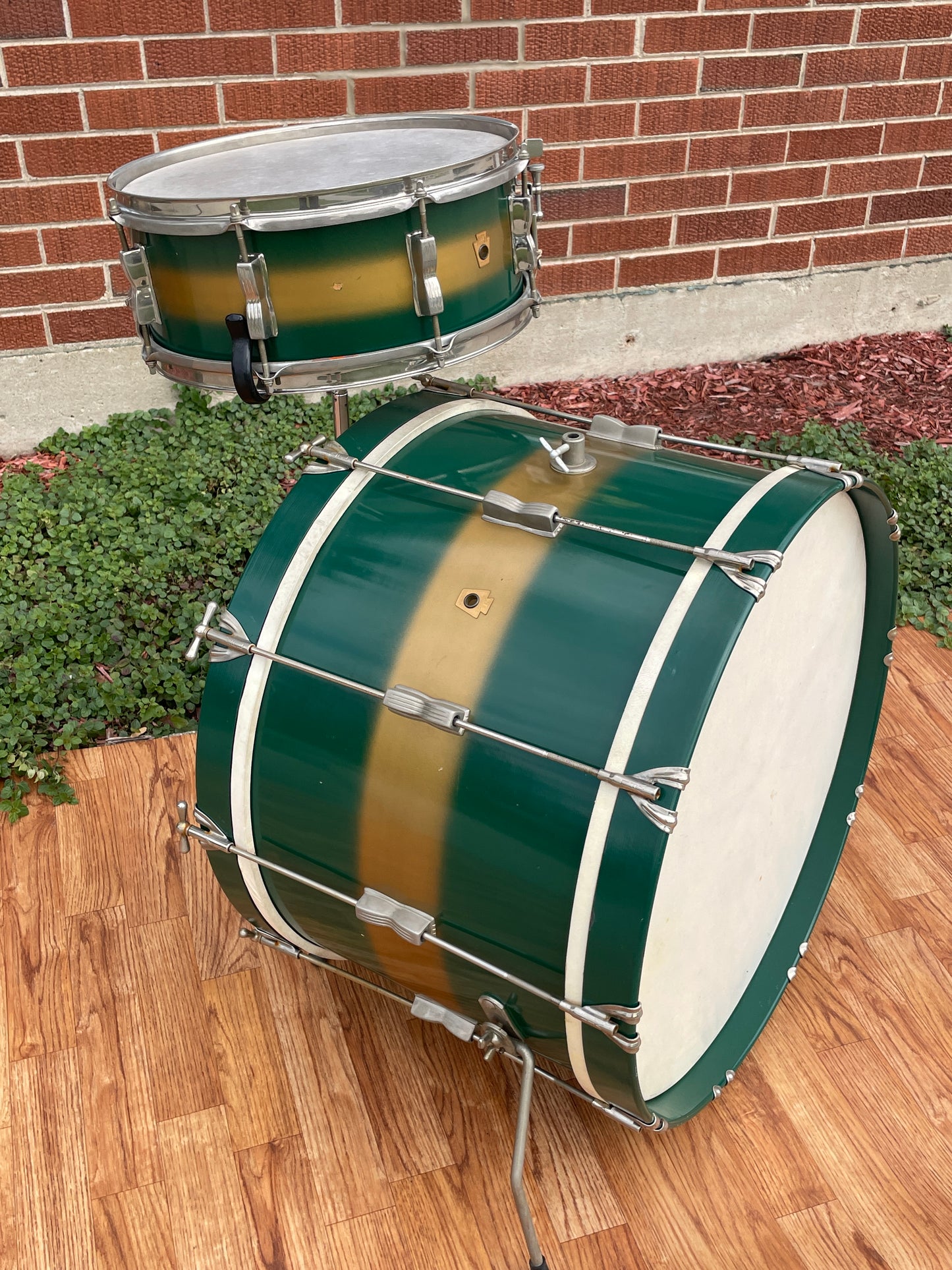 1957 WFL Ludwig Drum Set Green & Gold Duco 5.5x14 Jazz Fest Snare 14x22 Bass Drum