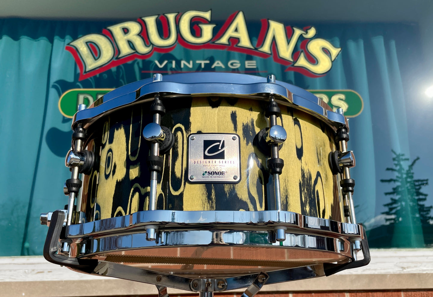 Sonor Designer Series 6.5x14 Snare Drum Yellow & Black Tribal Finish Hella Hoops 9-Ply Shell