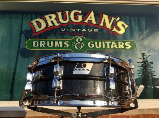 1980s Ludwig Black Galaxy 5x14 Blackrolite Acrolite Snare Drum