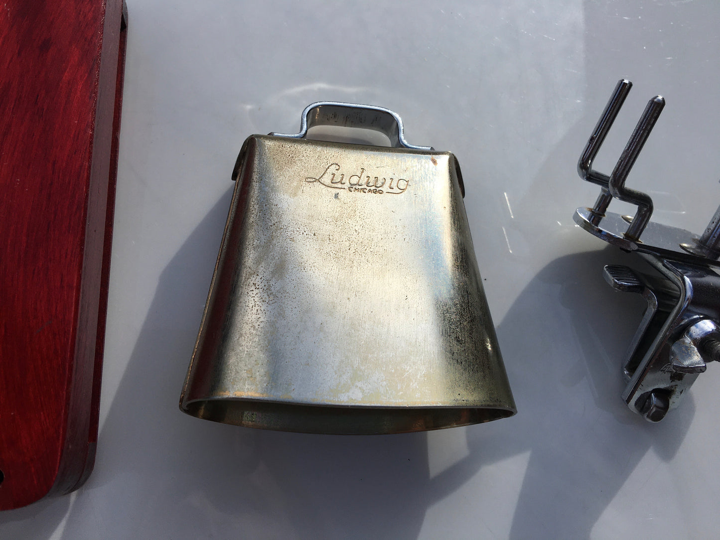 1960s Ludwig Cow Bell and Wood Block w/ Original Bass Drum Mount