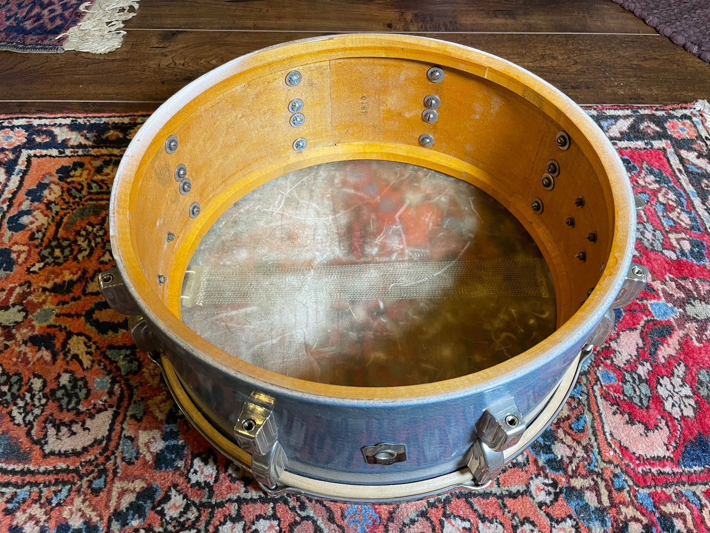 1948 Leedy 5.5x14 No. 380 Maple Snare Drum Antique Blue Lacquer Silver
