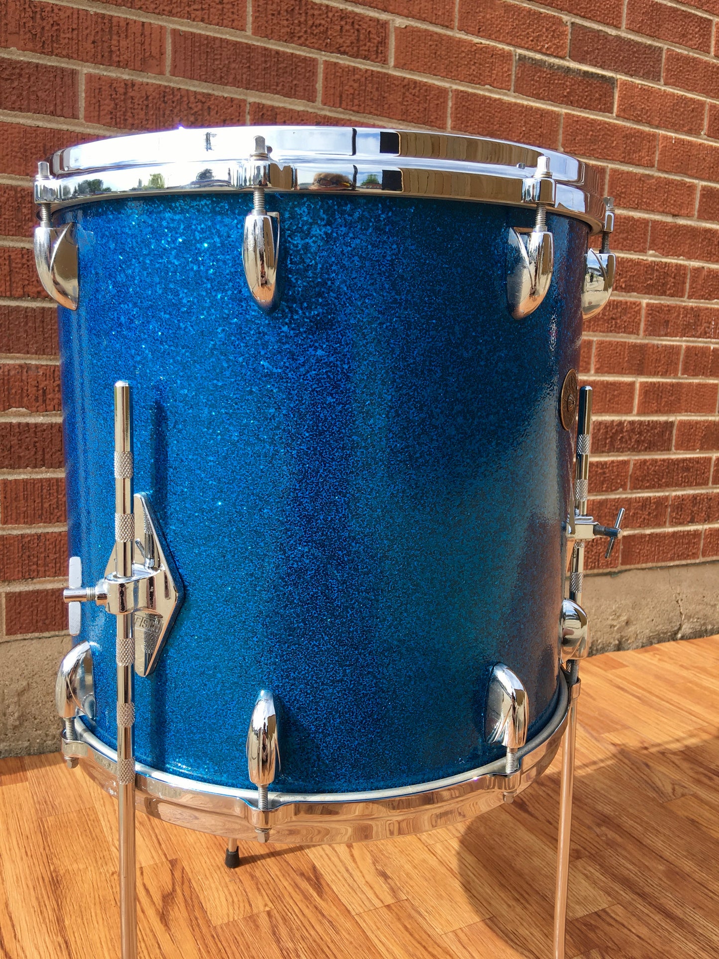 1960s Gretsch 14x14 Progressive Jazz Round Badge 6 Ply Floor Tom Drum Blue Sparkle