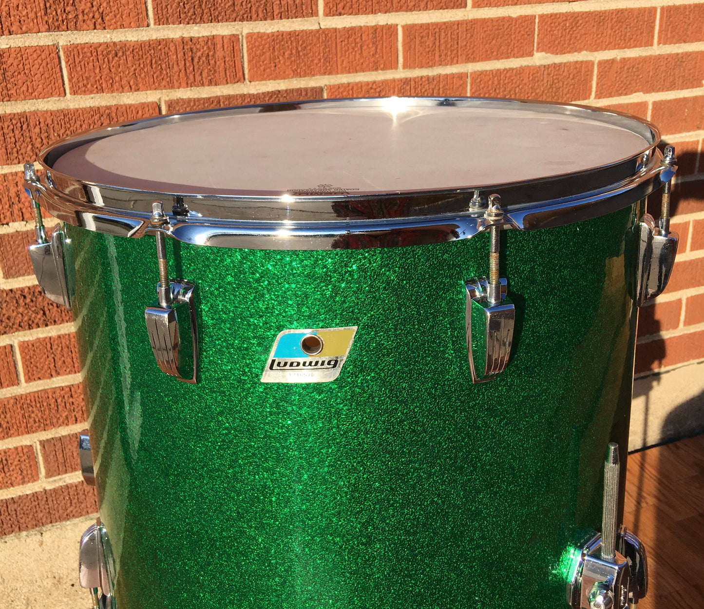 Early 1970s Ludwig 16x18 Floor Tom Drum Green Sparkle Rewrap