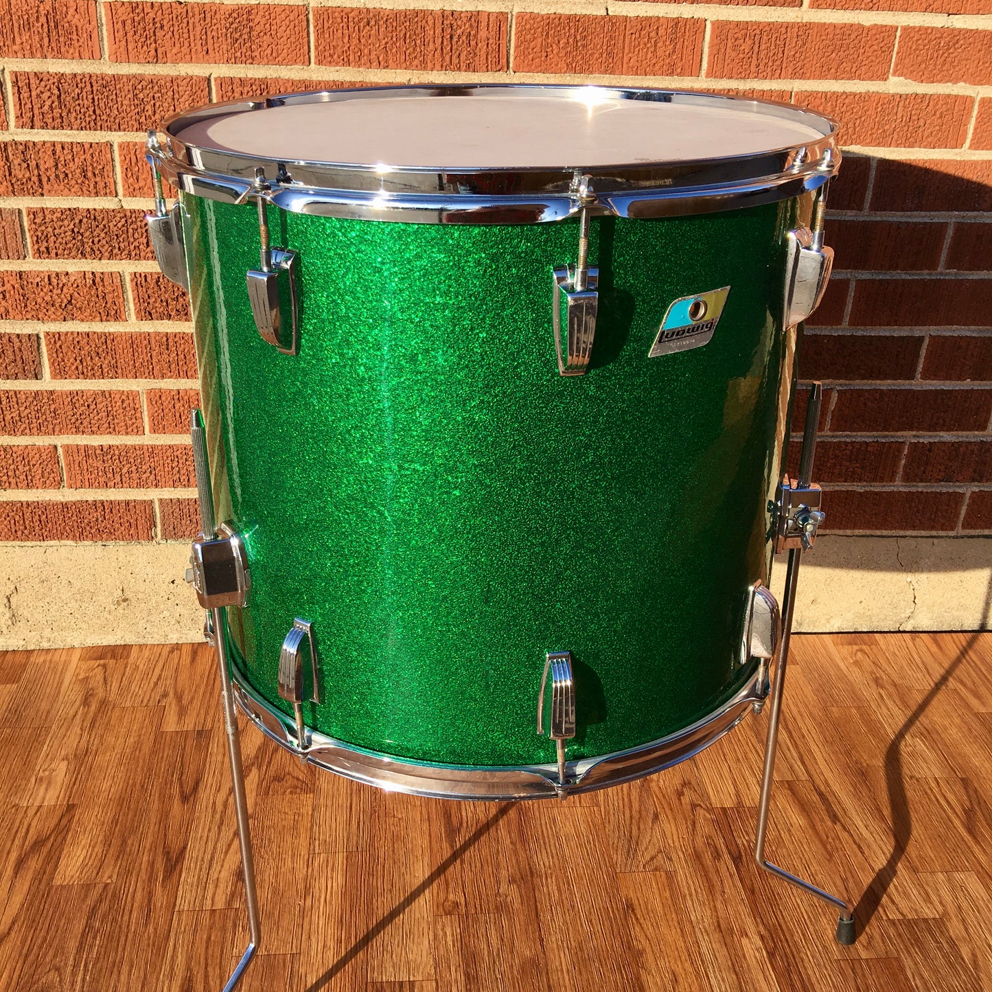 Early 1970s Ludwig 16x18 Floor Tom Drum Green Sparkle Rewrap
